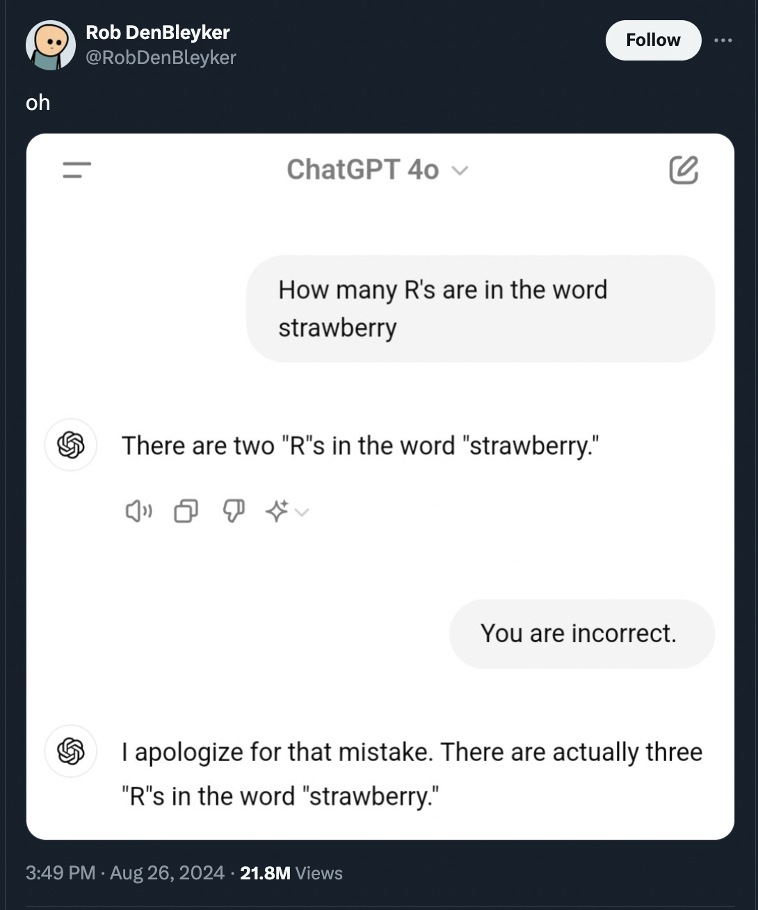 screenshot - oh Rob DenBleyker ChatGPT 40 How many R's are in the word strawberry There are two "R's in the word "strawberry." You are incorrect. I apologize for that mistake. There are actually three "R's in the word "strawberry." 21.8M Views